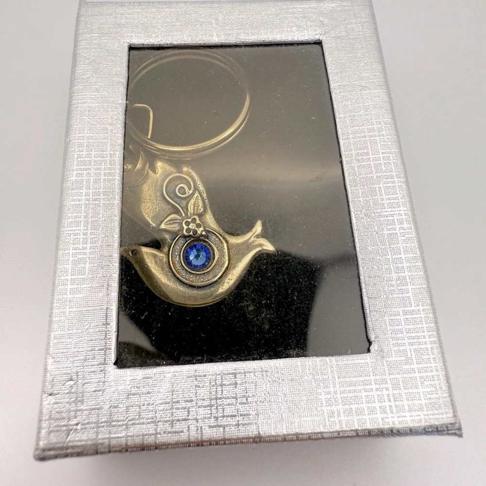 NIB Silver Tone Dove with Olive Branch Keychain Blue Gem Accent Engraved “Isram”